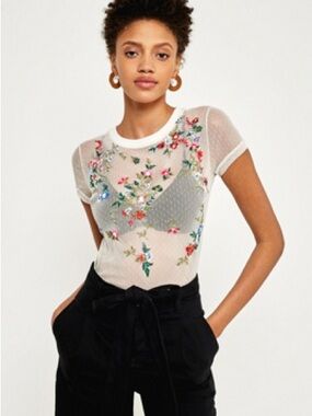 Urban Outfitters White Sheer Mesh Tee with Multicolor Floral Embroidery